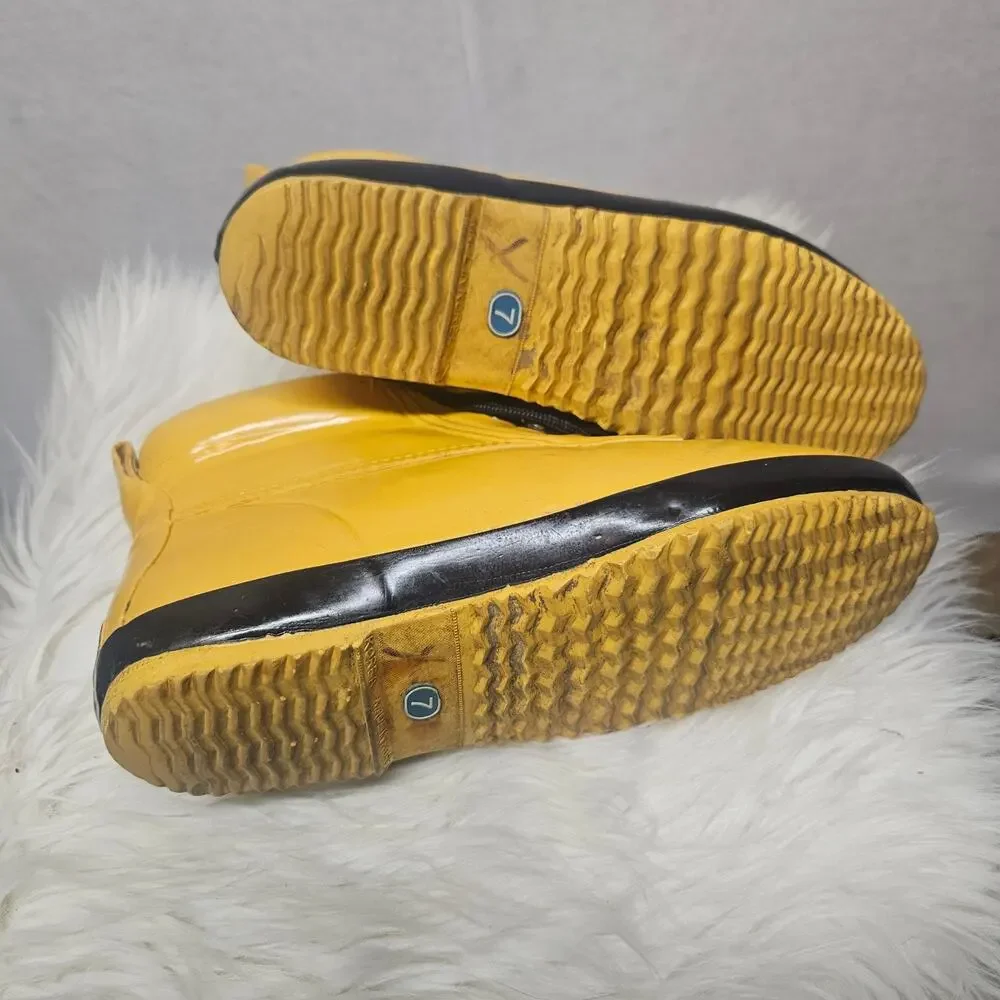 Vintage Eddie Bauer Yellow Rain Boots Fleece Lined Lace Up Winter Duck Boots 7